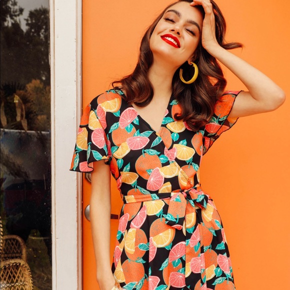 Shein Fruit Print Belted Flare Dress - Picture 2 of 8